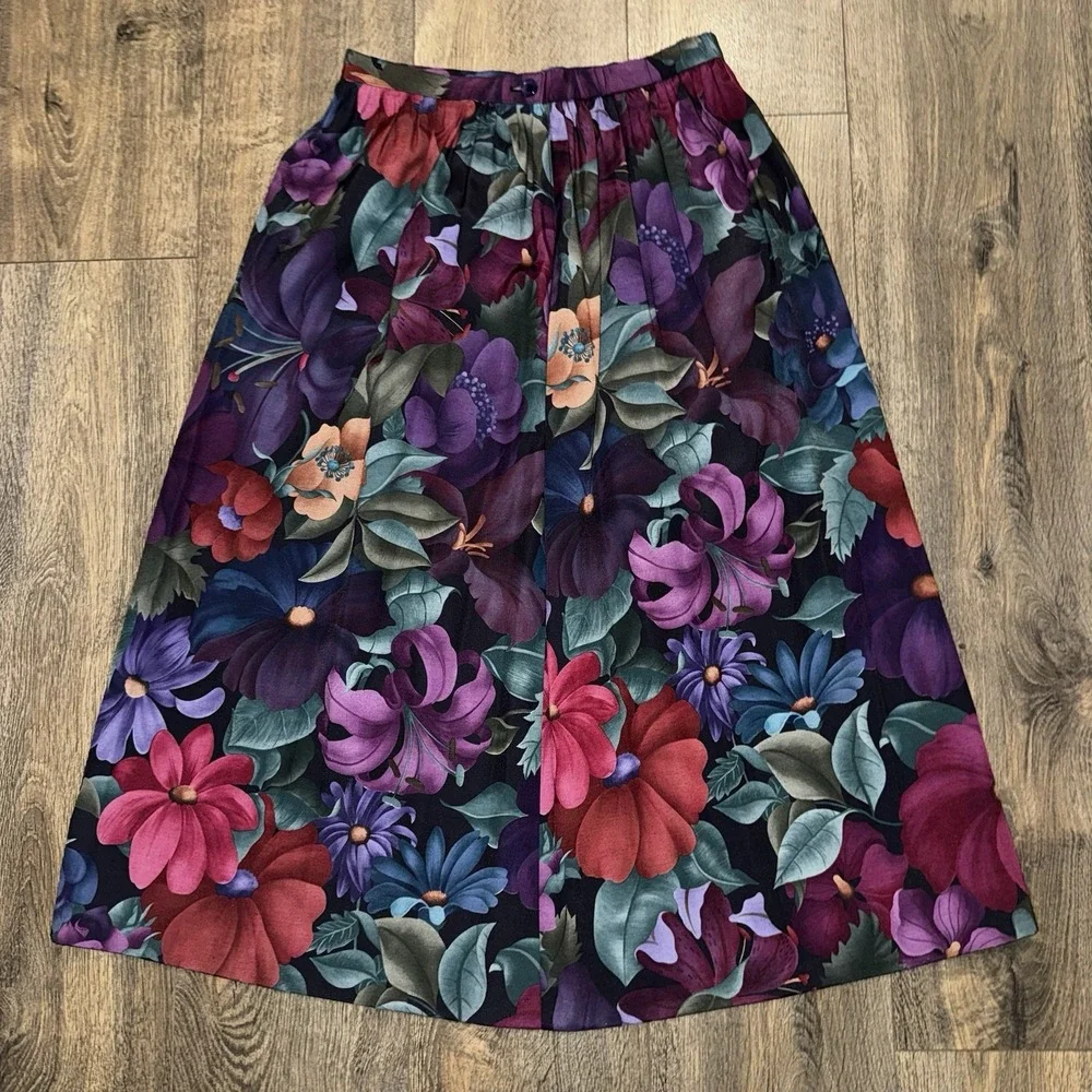 Vintage Alfred Dunner Midi Skirt Womens Sz 8 Bright Floral Dark Romantic USA‎